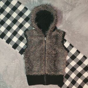 Faux Fur Hooded Zip-Front Vest - Gray